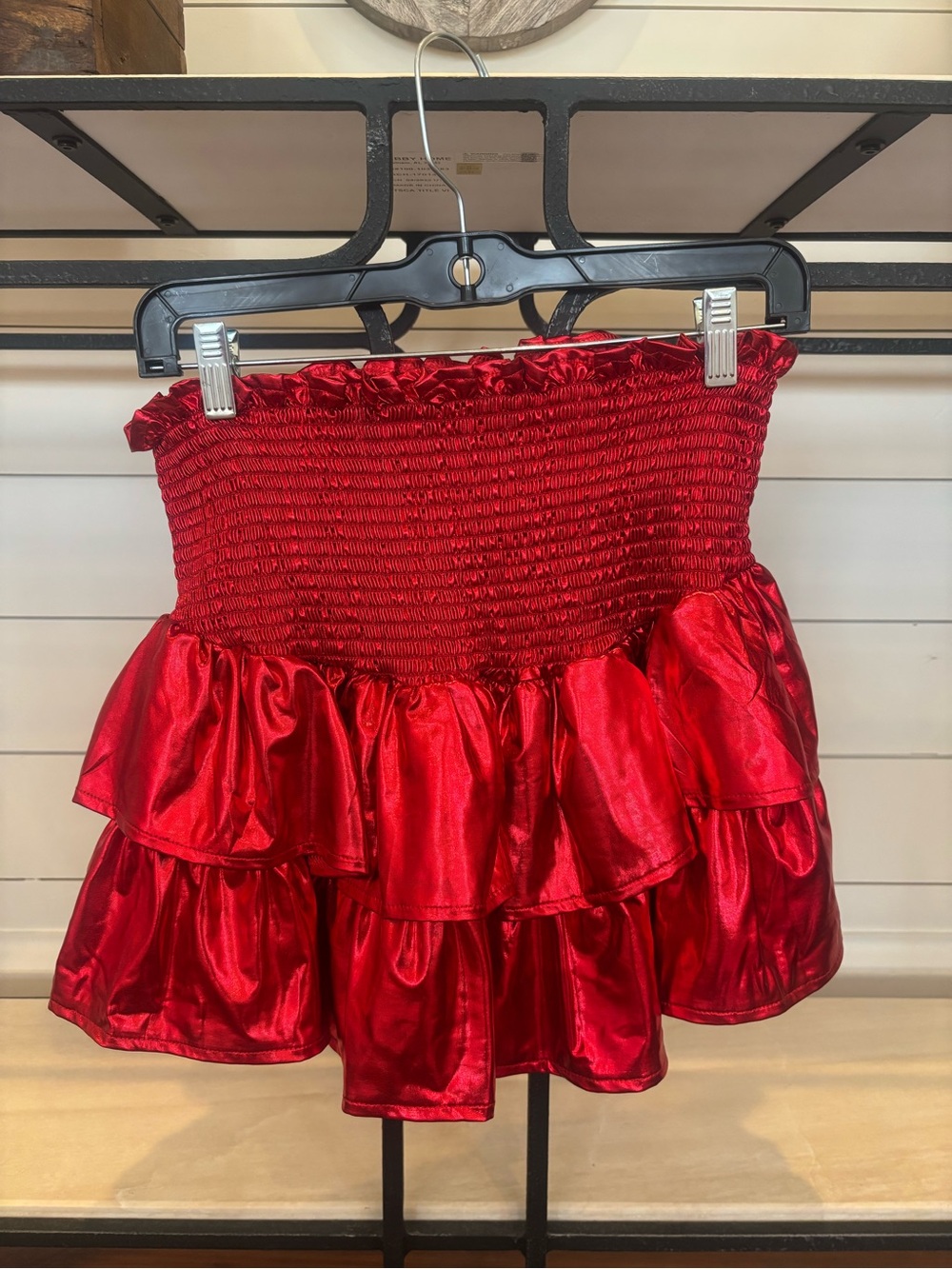 QUEEN OF SPARKLES Red Tiered Smocked Satin Mini Skirt